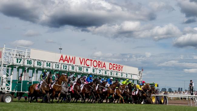 The field breaks from the barriers in this year’s Victoria Derby. Picture: Jay Town