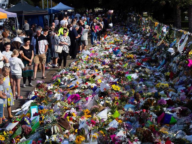 Floral tributes to the victims of the massacre amass at the Botanical Gardens in Christchurch. Picture: AFP