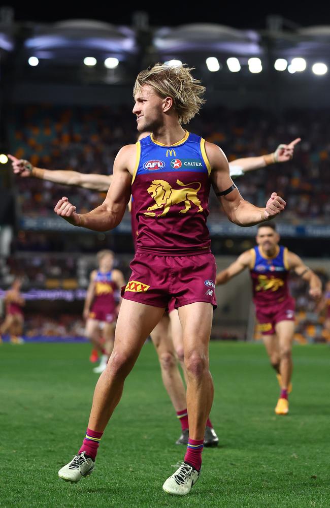 Kai Lohmann of the Lions celebrates a goal. (Photo by Chris Hyde/AFL Photos/via Getty Images)