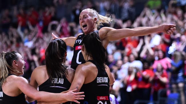 New Zealand’s Laura Langman celebrates after the netball World Cup final against Australia in England last year. Picture: Getty Images