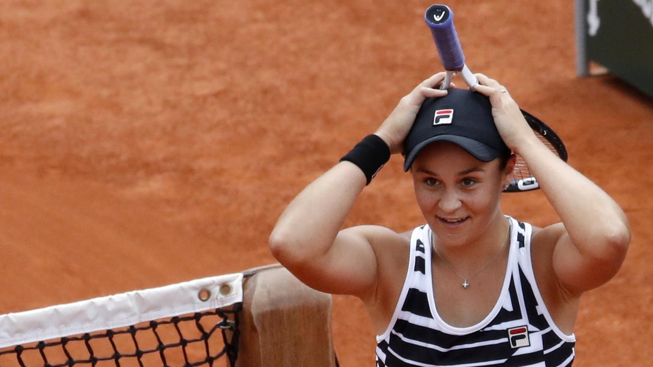 Her first Grand Slam win: Barty celebrates after winning her final match of the French Open tennis tournament in Paris, 2019. Picture: AP Photo/Christophe Ena.