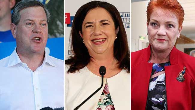 LNP leader Tim Nicholls, Premier Annastacia Palaszczuk and One Nation’s Pauline Hanson are battling for supremacy in Queensland.