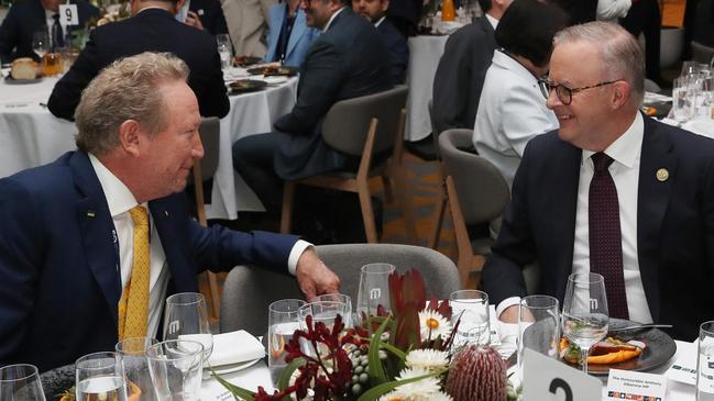 Fortescue non-executive chairman Andrew Forrest dining with Prime Minister Anthony Albanese. Picture: David Crosling