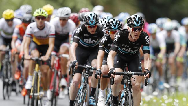 Salvatore Puccio drives the Sky train that tore the field apart going up the Myers Creek Rd allowing Peter Kennaugh and Chris Froome to go 1-2 in stage 1 of the Herald Sun Tour. Pic: Michael Klein