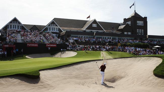 Australia's Cameron Smith hits from the bunker on the 18th hole during the Final Round of the Australian Open at Royal Sydney Golf Club. Picture: Brett Costello