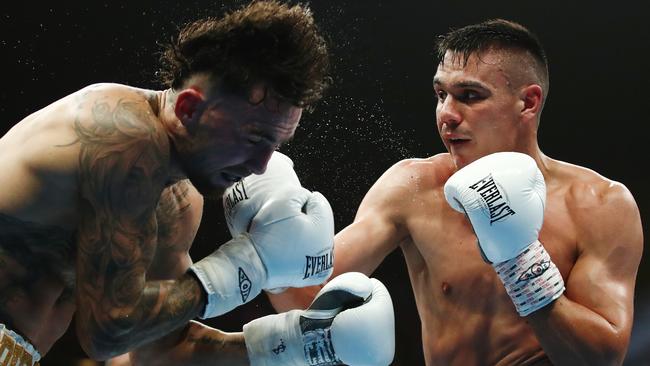 Tim Tszyu lays into Jack Brubaker. Photo: AAP Image/Brendon Thorne