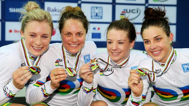 Annette Edmondson, Ashlee Ankudinoff, Amy Cure and Melissa Hoskins celebrate after winning the women’s team pursuit team at the 2015 world championships in Paris. Picture: Getty Images