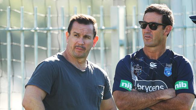 Matty Johns with his brother Andrew with Greg Alexander during the NSW Blues training session at NSWRL Centre of Excellence, Sydney Olympic Park. Picture. Phil Hillyard