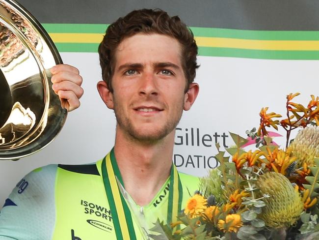 Ballarat, Australia - JANUARY 7: Winner Alex Edmondson (middle) Jay McCarthy 2nd (left) and Chris Harper 3rd (right) during the 2018 Feduni Cycling Australia Road National Championships, Elite Men,185.6km Road Race (16 x 11.6km laps) in Buninyong, Ballarat, Australia, on January 7, 2018. Photo Credit: CON CHRONIS