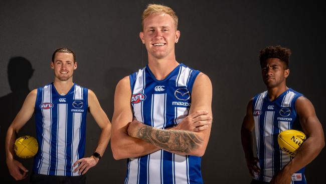 North Melbourne recruits Lachie Young, Jaidyn Stephenson and Atu Bosenavulagi.