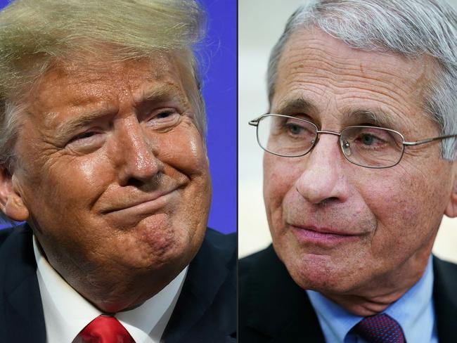 (FILES) In this file combination of pictures created on July 13, 2020 shows US President Donald Trump in Phoenix, Arizona, June 23, 2020 and Anthony Fauci , director of the National Institute of Allergy and Infectious Diseases in Washington, DC on April 29, 2020. - Top government scientist Anthony Fauci said October 11, 2020 that an ad aired by Donald Trump's reelection campaign was edited to make him seem to endorse the president's handling of the coronavirus pandemic. (Photos by SAUL LOEB and MANDEL NGAN / AFP)