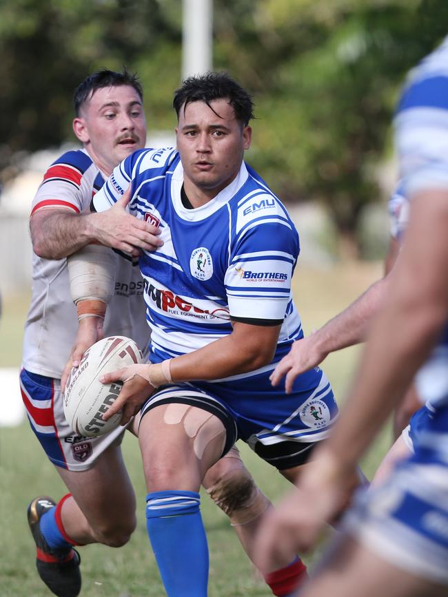 Jordan Biondi-Odo looks for support along the line in the Cairns District Rugby League (CDRL) Round 16 match between the Ivanhoe Knights and Cairns Brothers, held at the Smithfield Sporting Complex. Picture: Brendan Radke