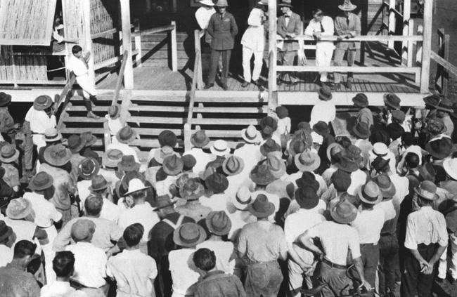 1919 was also the year that Ross Smith and his brother became the first pilots to fly from England to Australia as part of the government sponsored Great Air Race. Her he is addressing the crowd from the balcony of the Residence of the Governor of the Darwin Gaol, on December 11, 1919. Picture: Supplied