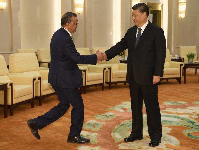 WHO boss Tedros Adhanom bends his knee as he is greeted by Xi Jinping. Picture: AFP