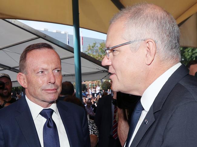 NEWS2019ELECTION 19/4/2019. DAY9/Job1Prime Minister Scott Morrison and former Prime Minister Tony Abbott at the service. The Prime Minister Scott Morrison with his wife Jennny in Sydney for the Good Friday Easter service at the St Charbel church in Punchbowl, Sydney. Also attending were Tony Abbott Federal Member for Warringah, David Coleman-Federal Members for Banks, , His Excellency Milad Raad Ð Ambassador to Lebanon,Charbel Macaron Ð Consul-General to Lebanon, Phillip Ruddock, Fiona Martin Ð Liberal Candidate for Reid (and husband, Nikolai), Wendy LindsayÐ State Member for East Hills, Bishop Antonie Charbel-Tarabay, Father Superior Dr Louis Ferkh.Picture Gary Ramage