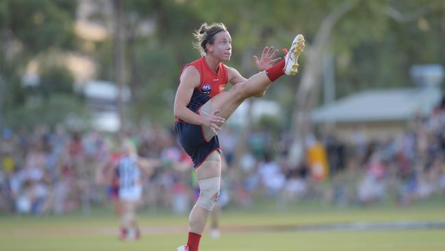 Shelley Scott has a shot on goal for the Dees back in 2018. Picture: AAP Image/ Tracey Nearmy