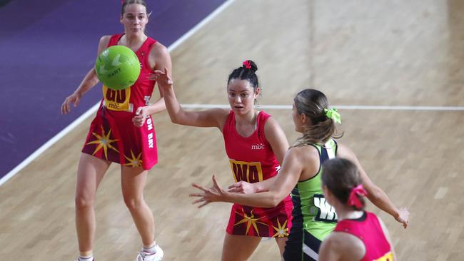 Action from the QGSSSA netball match between Somerville House and Moreton Bay College. Picture: Tertius Pickard