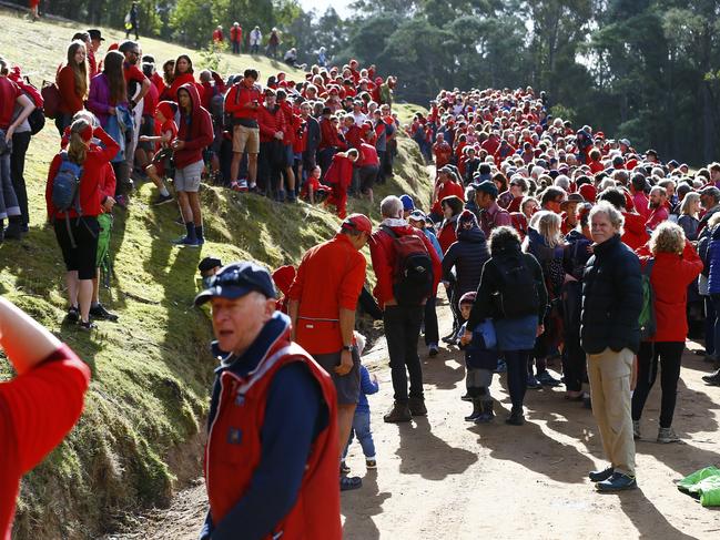 CONCERN: A rally against the cable car proposal last year, with people forming a “No cable car” human sign in the foothills of kunanyi/Mt Wellington. Picture: MATT THOMPSON.