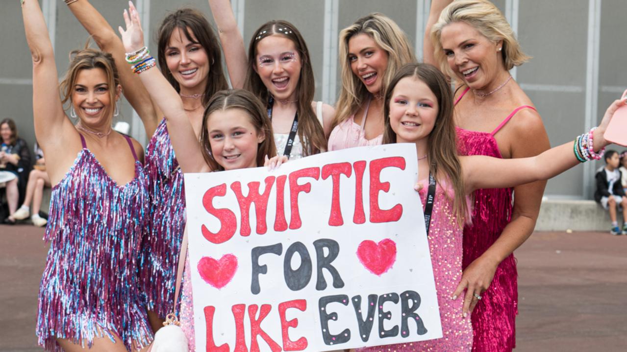 Lara Corbiere Bree Cowen Coco Cowen 13 Brittany Whitcombe Bambi Whitcombe 9 Amanda Mahony Poppy Mahony 10 arrive for the second of four Taylor Swift The Eras Tour concerts at ACCOR Stadium in Sydney,: Picture: NCA NewsWire / Flavio Brancaleone