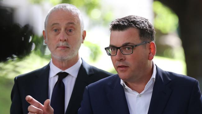 Special Minister of State Gavin Jennings and Premier Daniel Andrews face the media after the release of the Ombudsman’s report. Picture: Alex Coppel