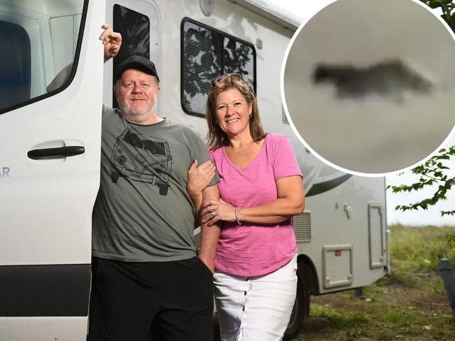 Victorian tourists Nicole and Don Street were forced to slow down in their motor home to let a 3 meter black Panther cross the highway on the way to Charters Towers. Picture: Shae Beplate.