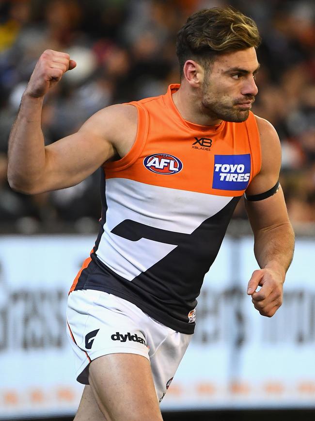 Giants Stephen Coniglio celebrates kicking a goal. Picture: Quinn Rooney/Getty