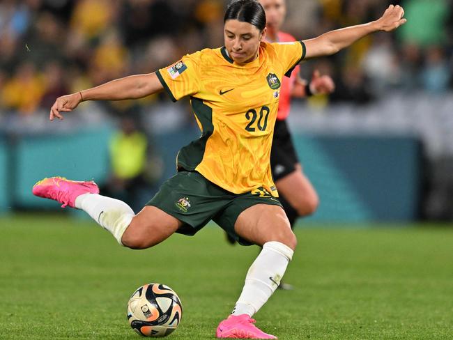 Sam Kerr shoots to score the goal that sent the country, momentarily, into raptures. Picture: Izhar KHAN / AFP