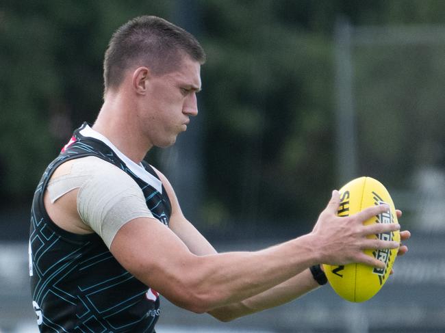 ADELAIDE/ KAURNA YARTA, AUSTRALIA - NewsWire Photos DECEMBER 6, 2023: Port Adelaide ruck Jordan Sweet during a training session at Alberton. Picture: NCA NewsWire / Morgan Sette