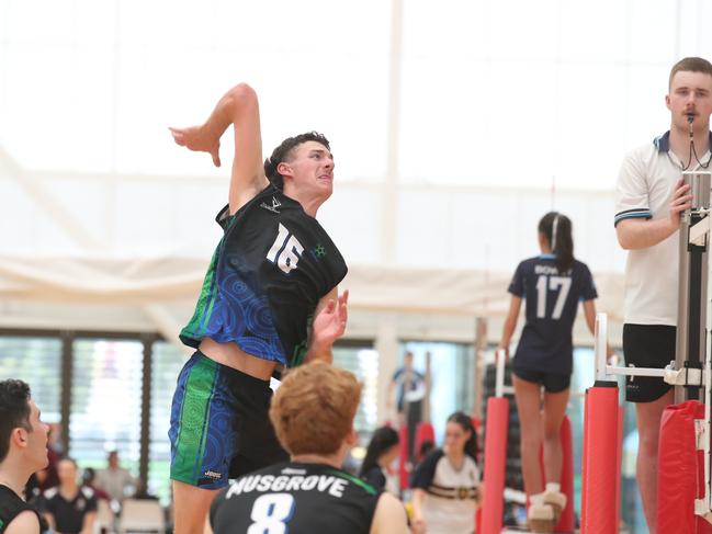 AVSC 2023 ,Australian Volleyball Schools Cup, first day of play at Carrara.  Heathfield (light Blue) v  Lake Ginninderra College. Picture Glenn Hampson