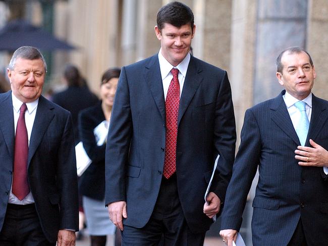 Packer, flanked by Sam Chisholm and John Alexander, in his corporate heyday, 2005. Picture: AAP