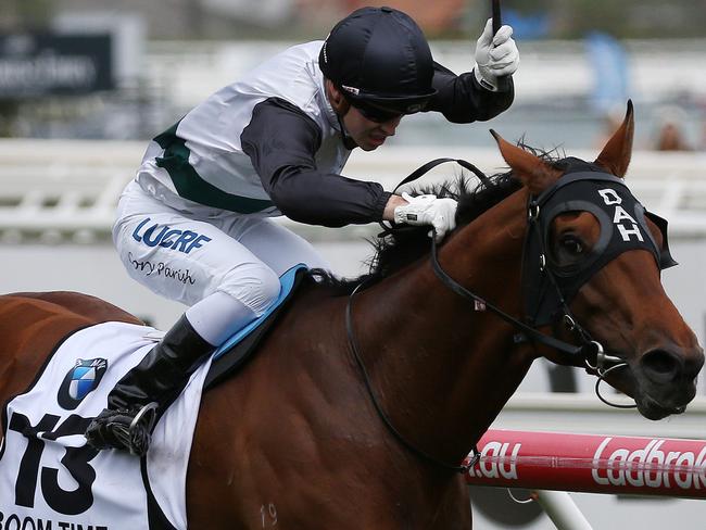 Jockey Cory Parish rides Boom Time to win the Caulfield Cup at Caulfield racecourse in Melbourne, Saturday, October 21, 2017. (AAP Image/George Salpigtidis) NO ARCHIVING, EDITORIAL USE ONLY