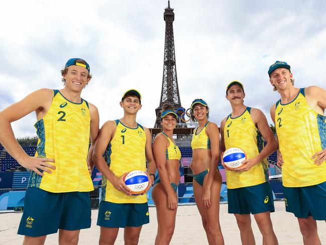 Paris Olympics 2024- Australian Beach Volleyball athletes at their venue near the Eiffel Tower Stadium, Isaac Carracher and Mark Nicolaidis,  Mariafe Artacho del Solar, Taliqua Clancy, Thomas Hodges and  Zachery Schubert. Pics Adam Head