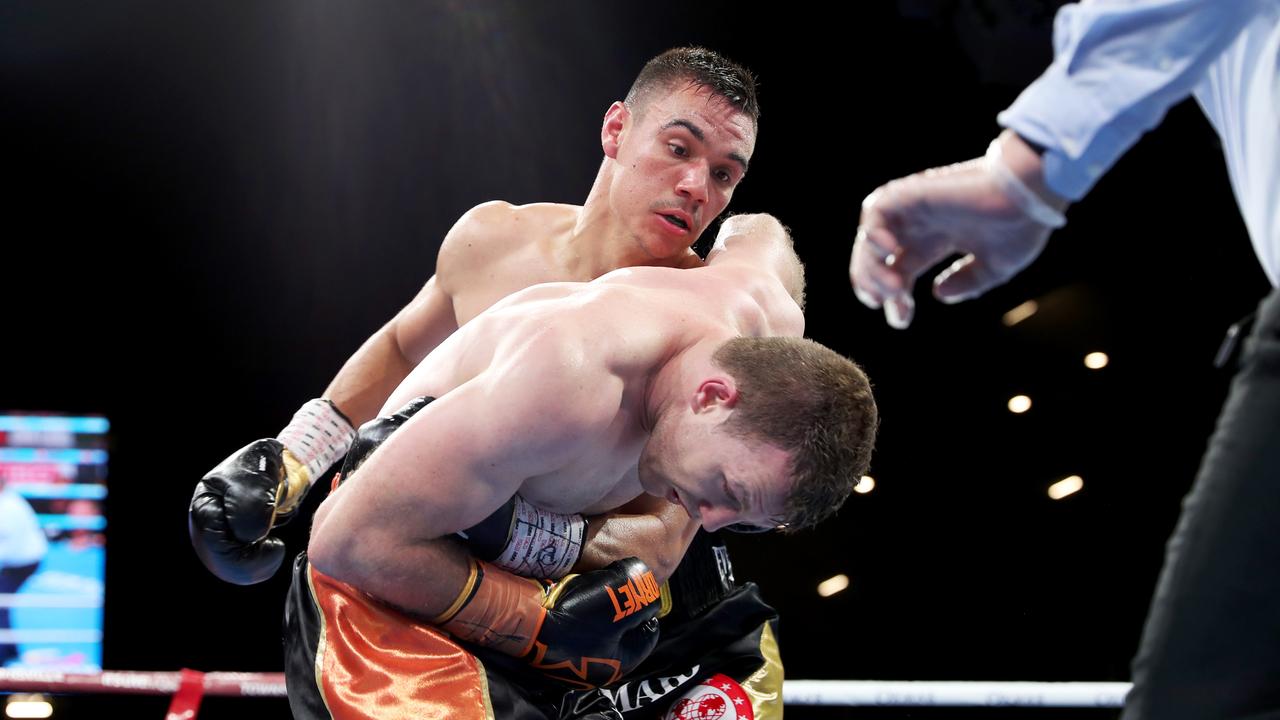 Jeff Horn vs. Tim Tszyu at Queensland Country Bank Stadium. Picture: Alix Sweeney