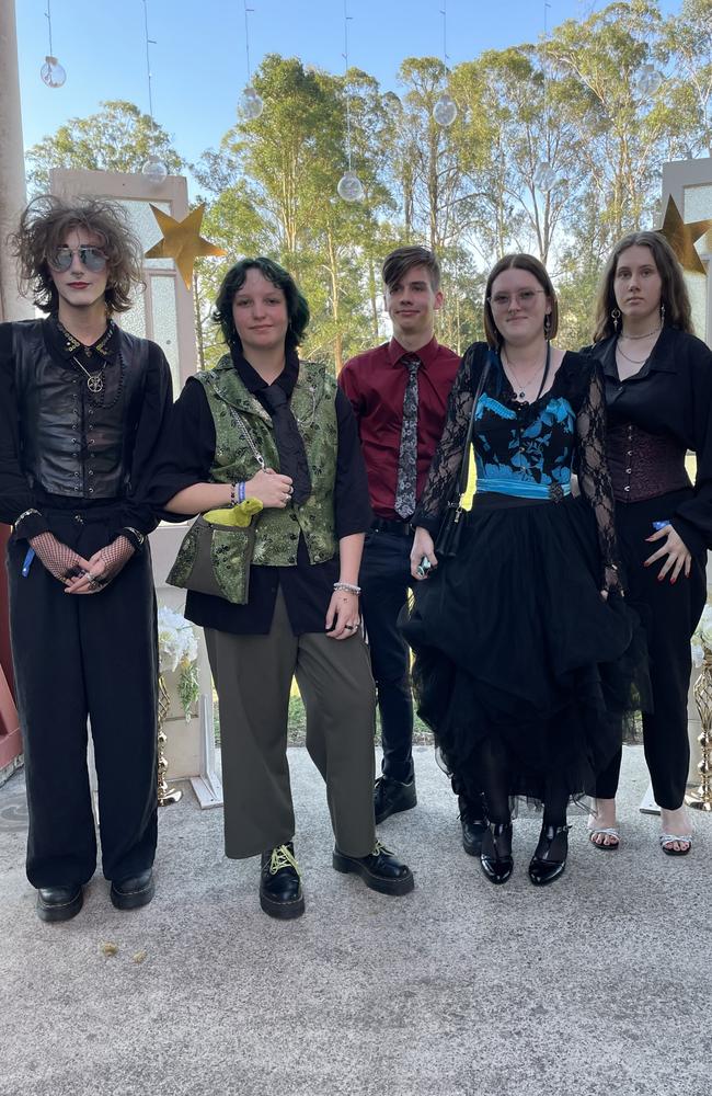 Cadyn Hayes, Sasha Beaman, Charlie Coombs, Jai Bain and Jasmine Perks arrive at the 2024 Gympie State High School graduation formal.