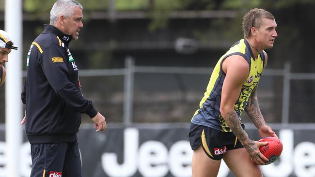 Mark Williams keeps an eye on Dustin Martin during his stint at Richmond. Picture: Hamish Blair.