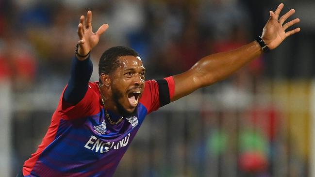 SHARJAH, UNITED ARAB EMIRATES - NOVEMBER 06: Chris Jordan of England unsuccessfully appeals for the LBW of Rassie van der Dussen of South Africa during the ICC Men's T20 World Cup match between England and SA at Sharjah Cricket Stadium on November 06, 2021 in Sharjah, United Arab Emirates. (Photo by Alex Davidson/Getty Images)