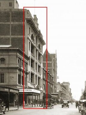 Pirie Street looking west with the former Bank of South Austalia building highlighted in red, in October 1928. Picture: State Library of SA.