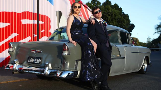 Robina State High School Year 12 formal at HOTA. Hannah Dalton and Samuel Green arrive in a Cheviot Bel Air. Picture: Glenn Hampson.