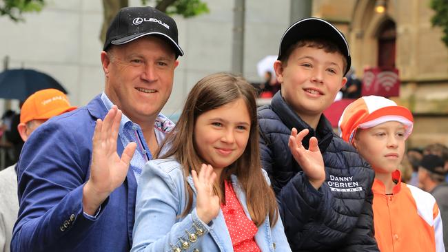 Trainer Danny O'Brien with his children during the Melbourne Cup parade. Picture: Getty Images