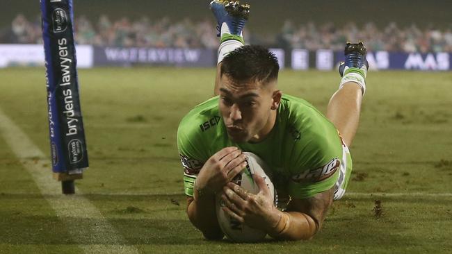 Nick Cotric scores a try for the Raiders during their win over Wests Tigers. Picture: AAP