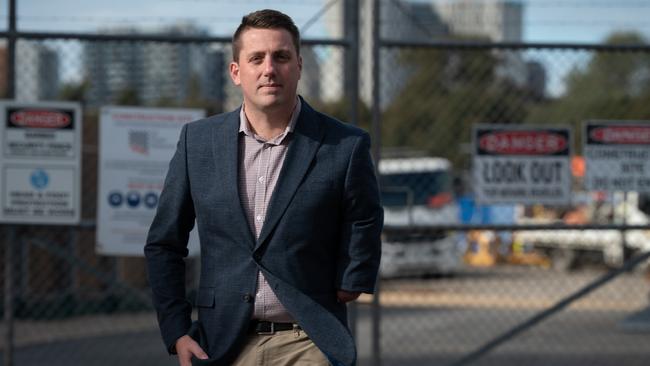 Liberal front bench MP Matt Cowdrey speaking about the cost blowout to remove SAPOL from Thebarton Police Barracks. Photo: Naomi Jellicoe