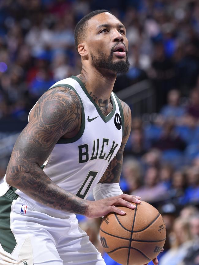 Damian Lillard takes a free throw for the Bucks against the Orlando Magic. Picture: Gary Bassing/NBAE via Getty Images