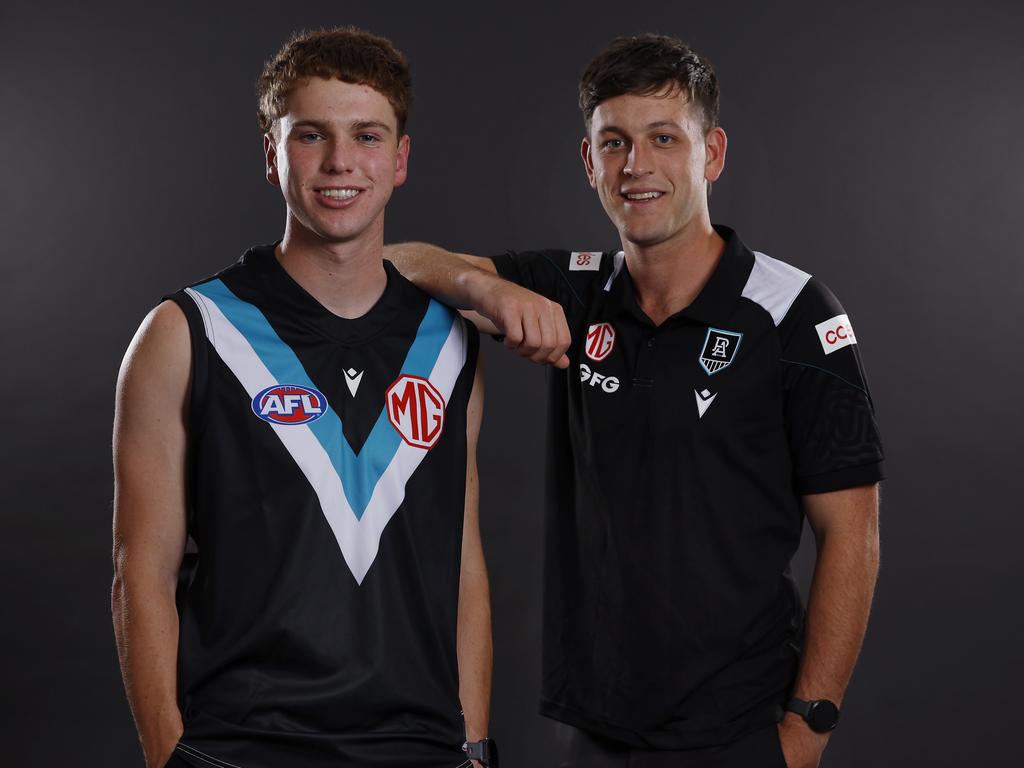 Joe Berry with new teammate Zak Butters after being drafted by Port Adelaide. Picture: Michael Klein