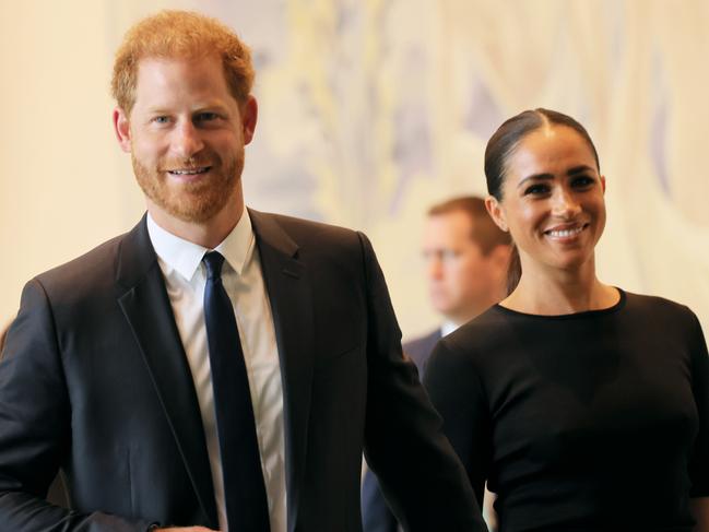 NEW YORK, NEW YORK - JULY 18:  Prince Harry, Duke of Sussex and Meghan, Duchess of Sussex arrive at the United Nations Headquarters on July 18, 2022 in New York City. Prince Harry, Duke of Sussex is the keynote speaker during the United Nations General assembly to mark the observance of Nelson Mandela International Day where the 2020 U.N. Nelson Mandela Prize will be awarded to Mrs. Marianna Vardinogiannis of Greece and Dr. Morissanda KouyatÃ© of Guinea.  (Photo by Michael M. Santiago/Getty Images)