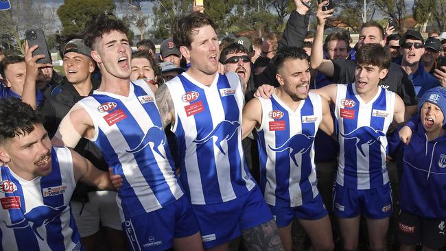 Oak Park players celebrate after winning the EDFL Division 2 grand final. Picture: Andy Brownbill