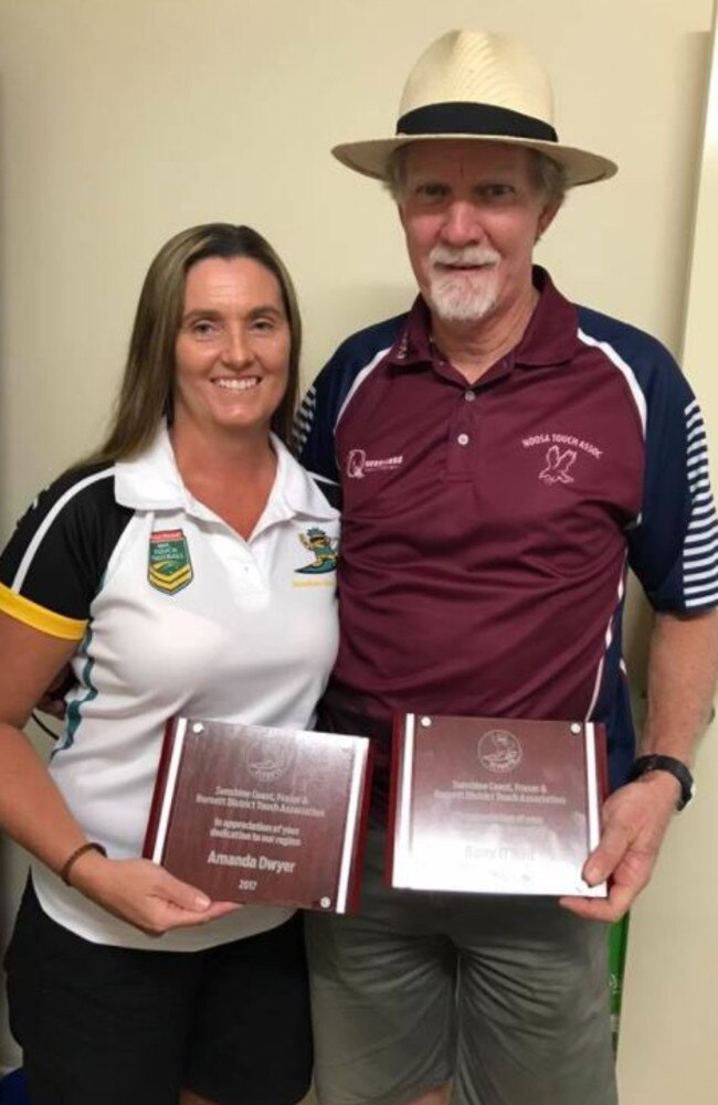 Barry 'Baz' O'Neill alongside his daughter Amanda after the pair were named life members for the Sunshine Coast Touch Football Association.