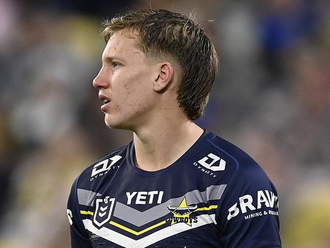 TOWNSVILLE, AUSTRALIA - JULY 21: Jaxon Purdue of the Cowboys looks on during the round 20 NRL match between North Queensland Cowboys and Canterbury Bulldogs at Qld Country Bank Stadium, on July 21, 2024, in Townsville, Australia. (Photo by Ian Hitchcock/Getty Images)