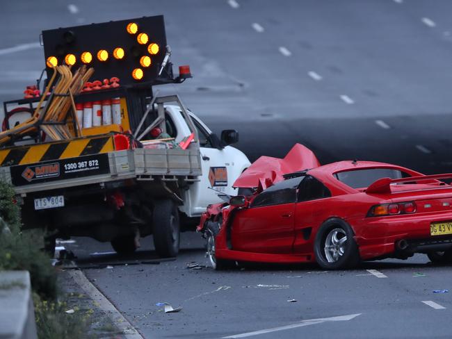 Scene on the outbound lanes of the approach to the Eastern Freeway where a road worker was killed when hit by a car. Wednesday, August 30, 2023. Picture: David Crosling