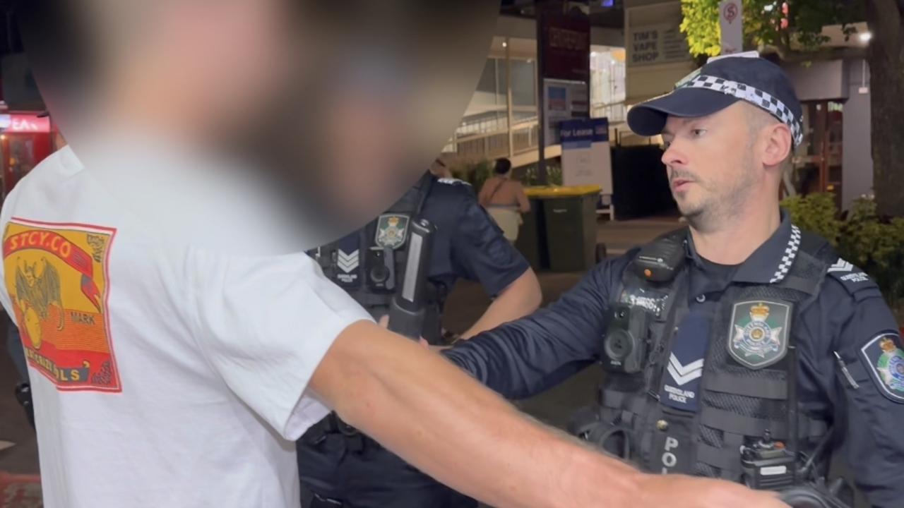 Sunshine Coast police search people for knives in the Ocean St party precinct in Maroochydore on April 14. Picture: Letea Cavander