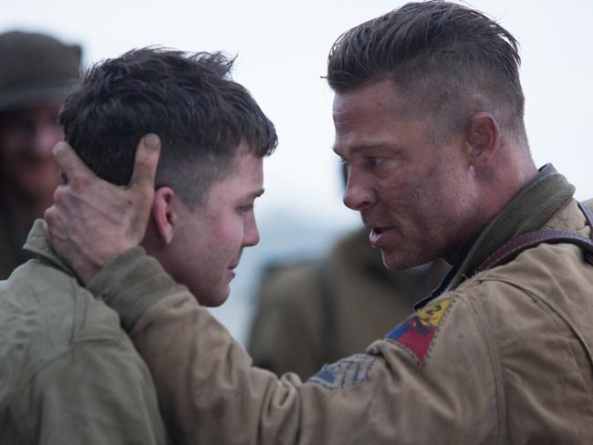 Wardaddy (Brad Pitt) with Norman (Logan Lerman) in a scene from Columbia Pictures' film FURY.